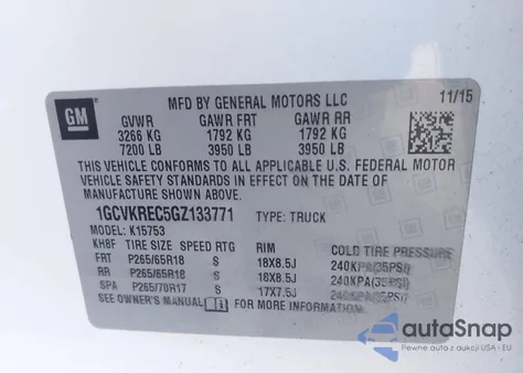 2016 Chevrolet Silverado 1500 2Lt из США, поврежденный, VIN 1GCVKREC5GZ133771